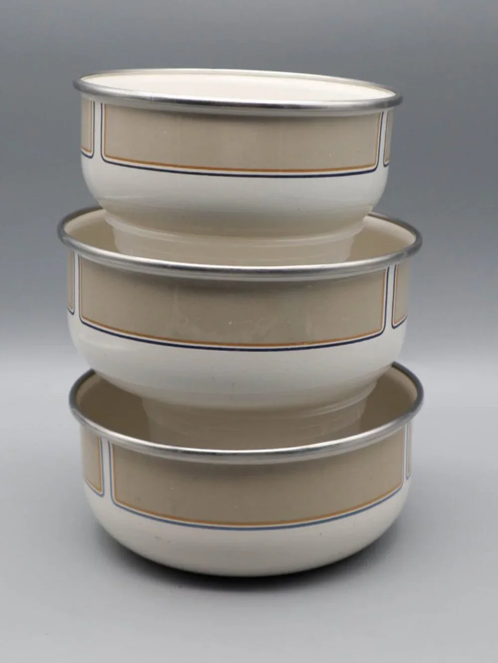 3 Vintage Kobe Kitchen Enamelware Bowls Mod Geometric Design Art Deco MCM